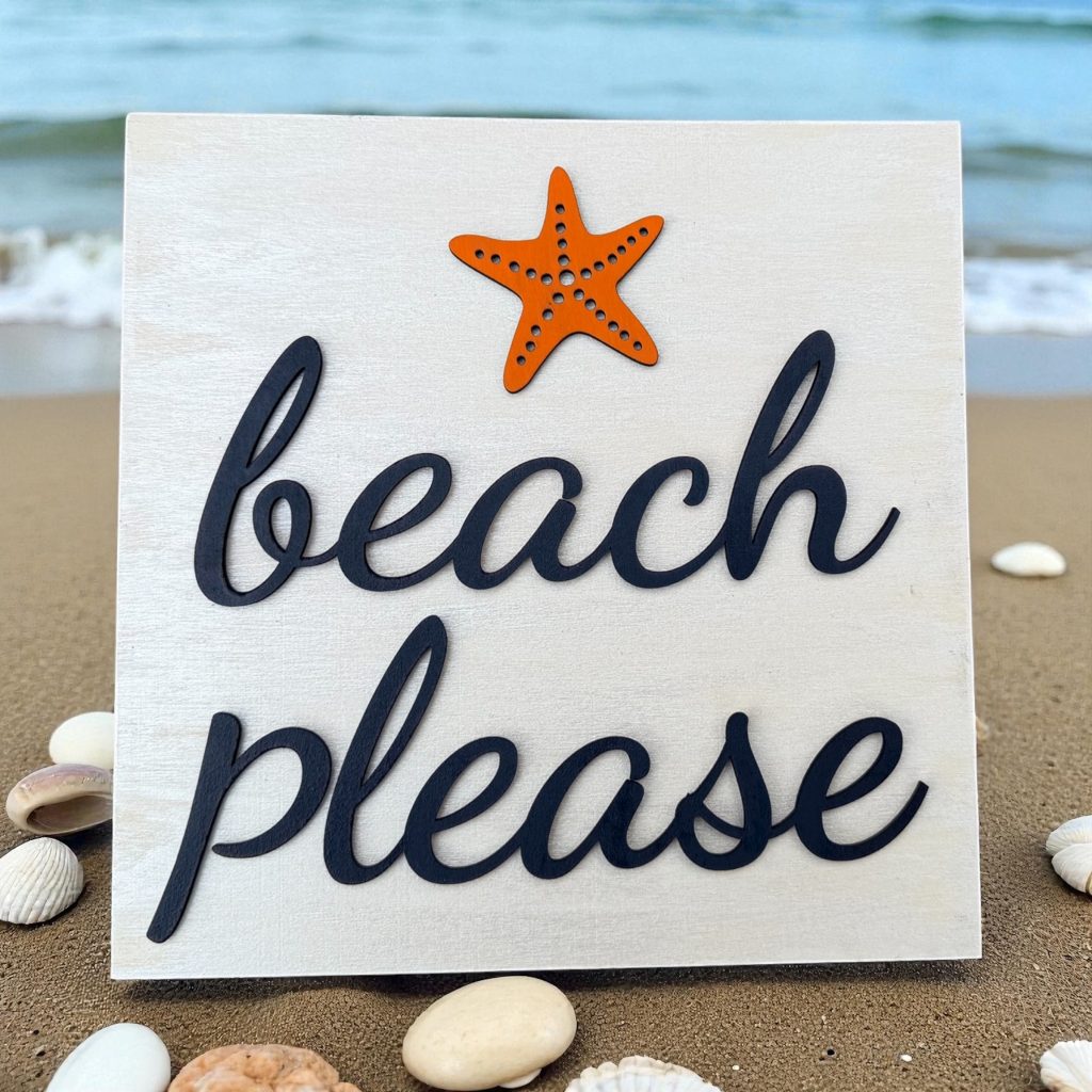 beach please sign with white background and navy blue text with and orange starfish above text.